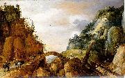 Joos de Momper mountainous landscape with horsemen and travellers crossing a bridge. Germany oil painting artist